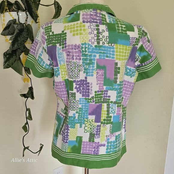 70s Vtg Button Short Sleeve Polyester Geometric Green Purple Dagger Collar Shirt - Picture 6 of 8